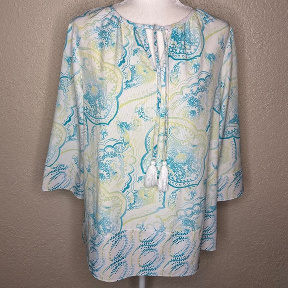 Chico's Size 1 White Blue Paisley Print Top Women's Size Medium - Picture 1 of 12